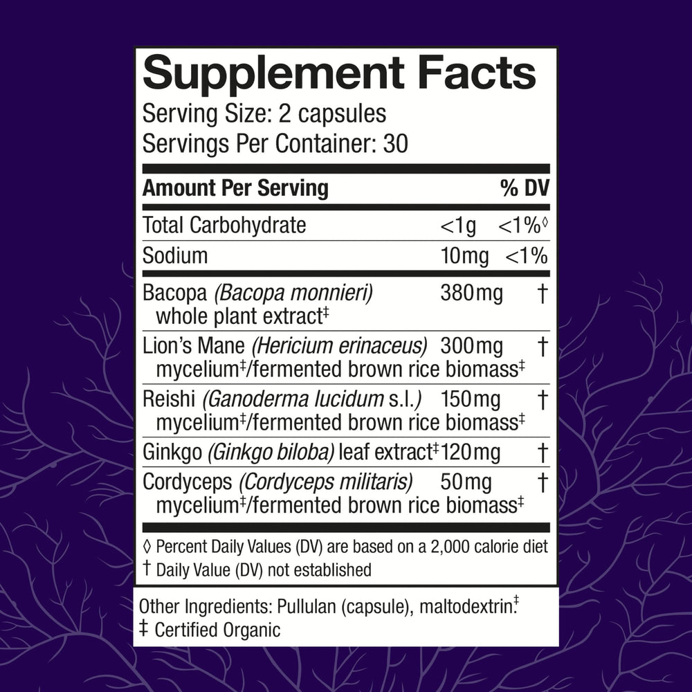 Host Defense MycoBotanicals Brain Capsules bottle side showing label details