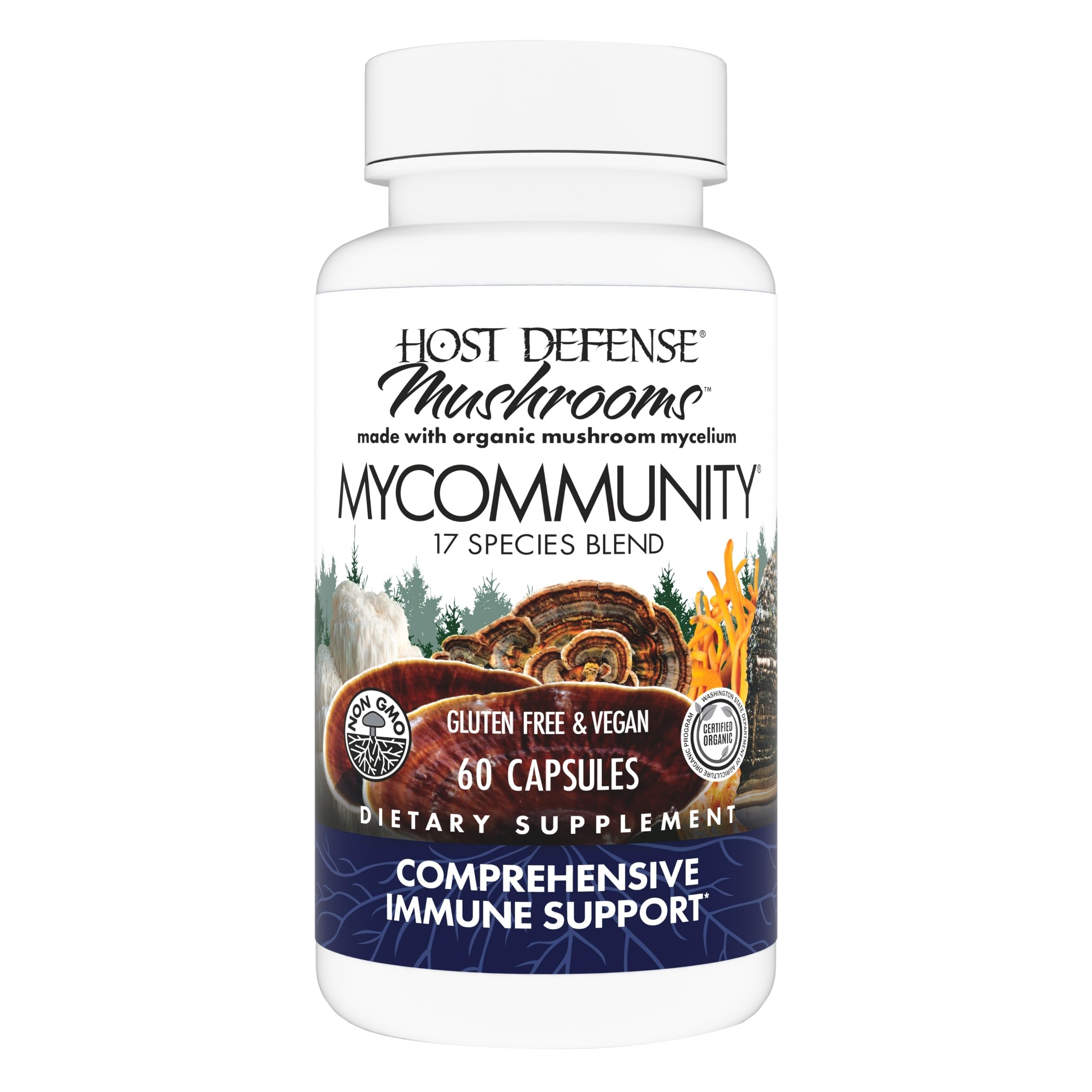 Host Defense MyCommunity bottle front showing 60 vegan capsules for daily immune balance.