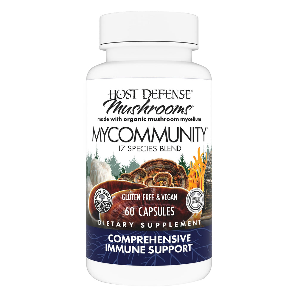 Host Defense MyCommunity bottle front showing 60 vegan capsules for daily immune balance.