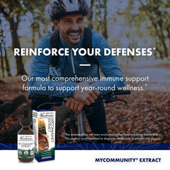 Host Defense MyCommunity bottle on wood shelf for daily routine.