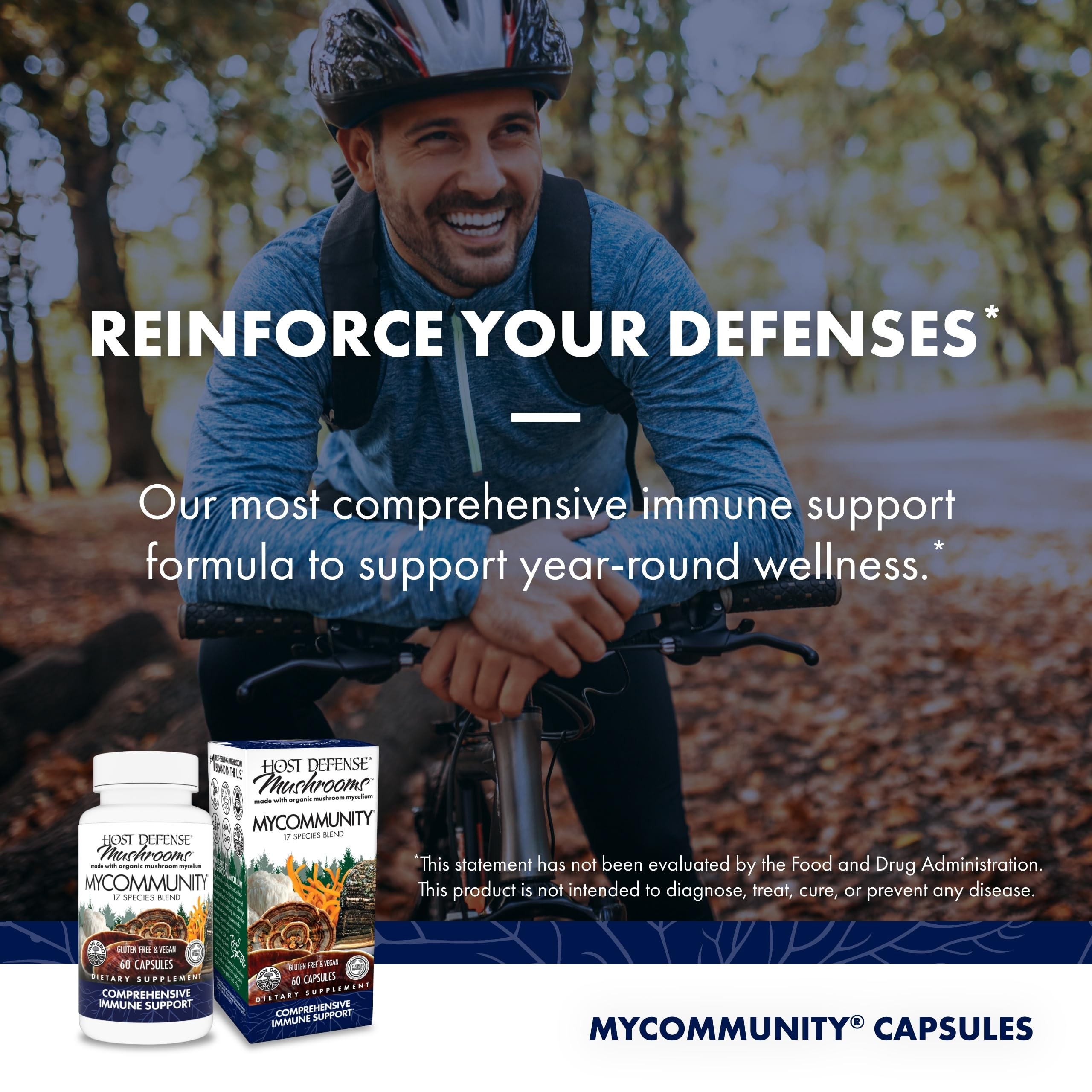 Host Defense MyCommunity bottle ready morning routine shows convenient daily capsule intake.