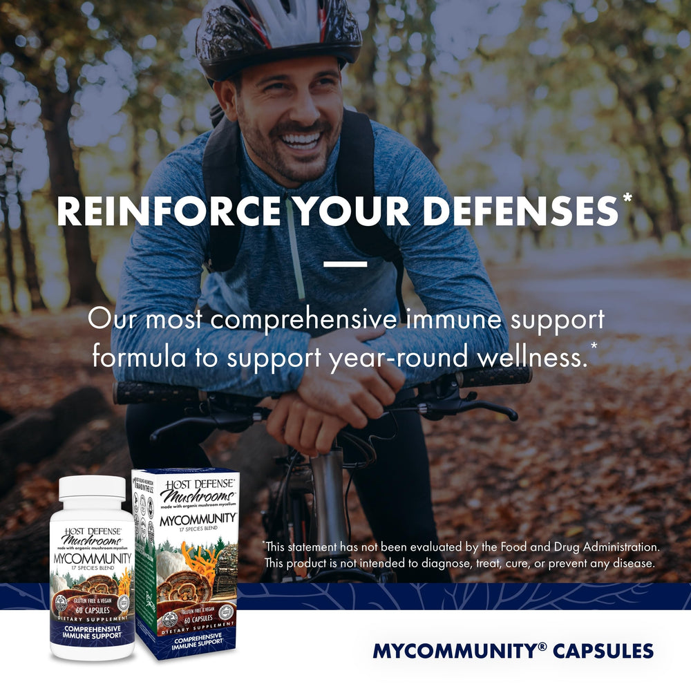 Host Defense MyCommunity bottle ready morning routine shows convenient daily capsule intake.