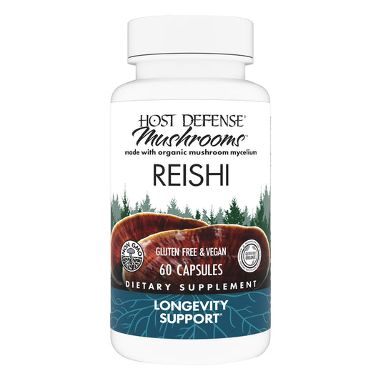 Host Defense Reishi capsules bottle-front showing packaging for immune support and daily vitality