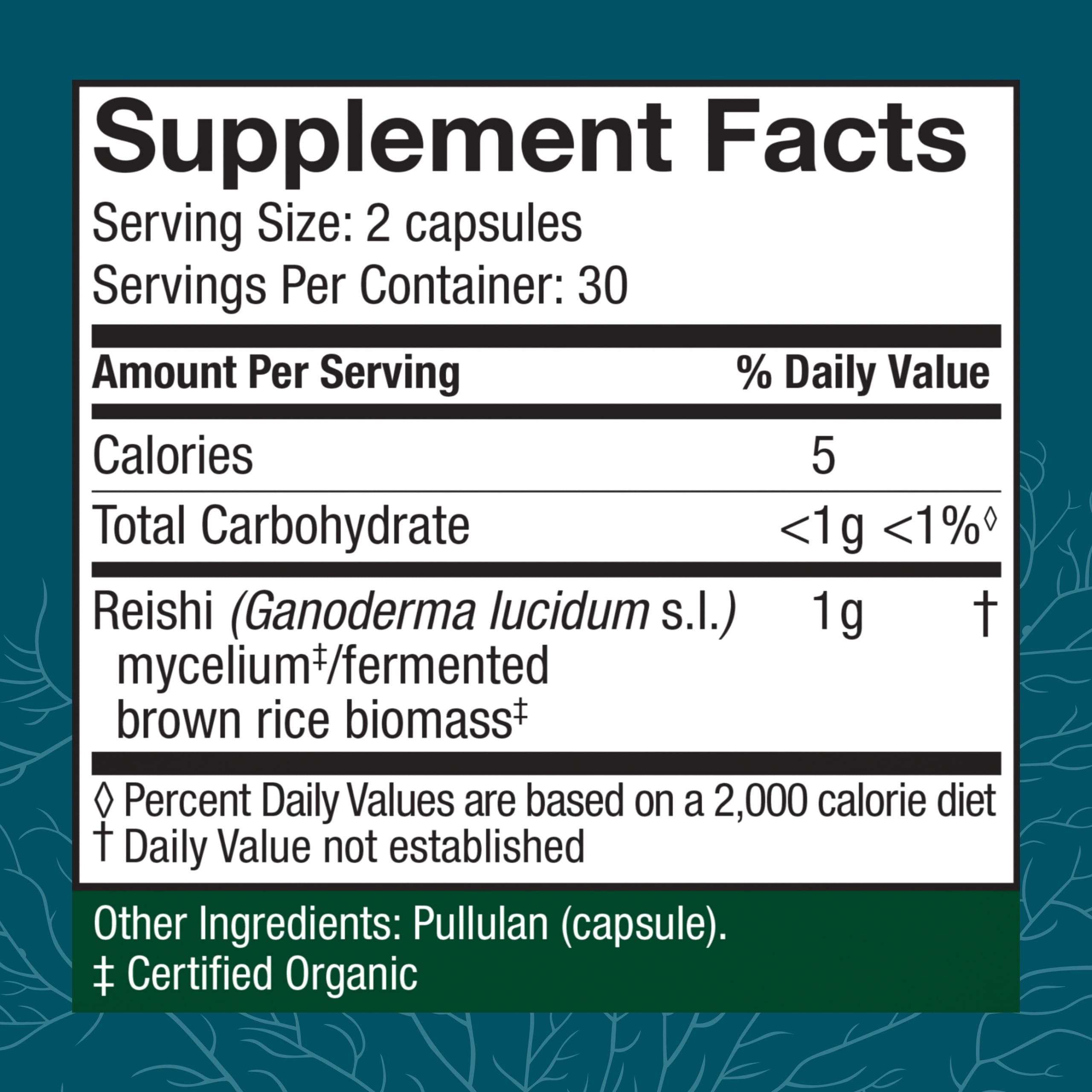 Host Defense Reishi capsules label-detail highlighting organic mushroom source and USA origin