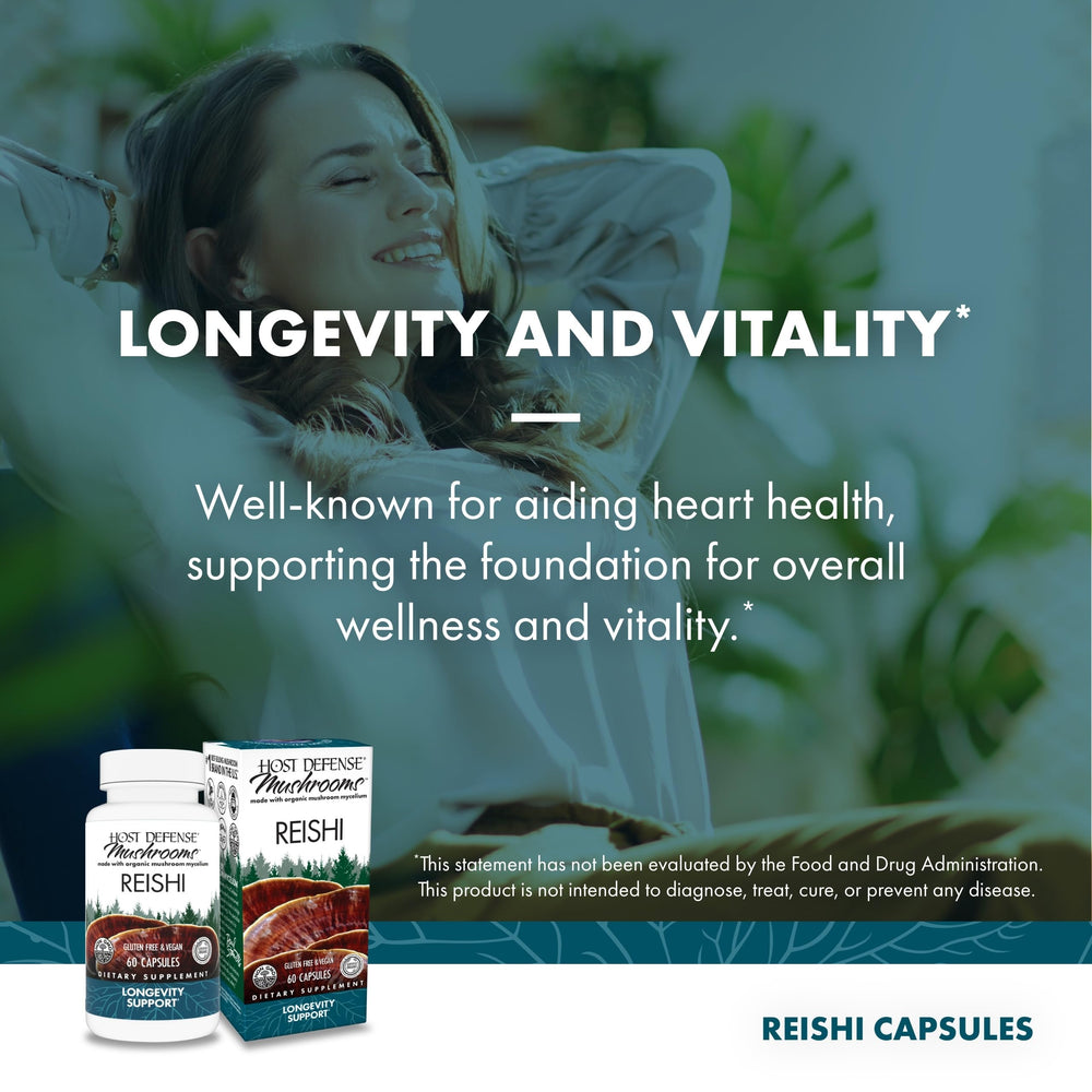 Host Defense Reishi capsules packaging-scene with natural textures suggesting overall wellness