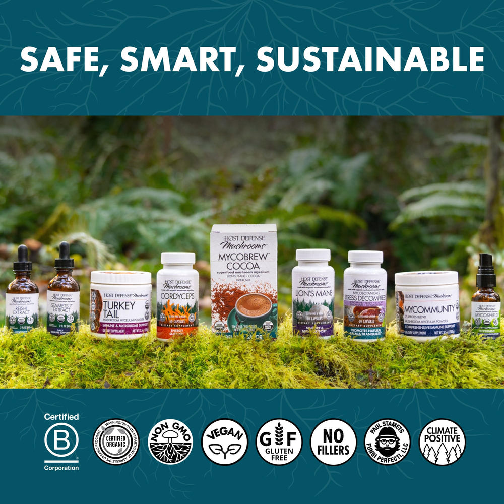 Host Defense Reishi Extract box and label with recipe information.