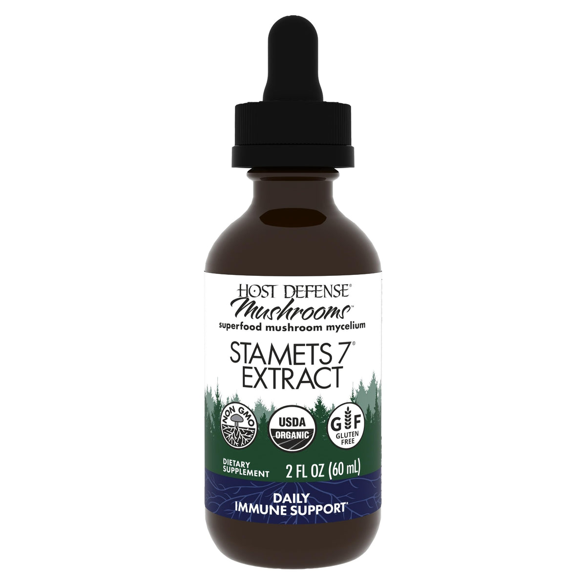Host Defense Stamets 7 bottle front view in a daily immune routine context.