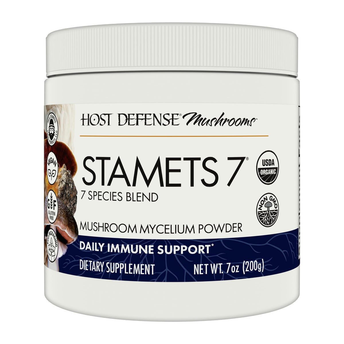 Host Defense Stamets 7 bottle label displays seven mushroom ingredients for daily support.