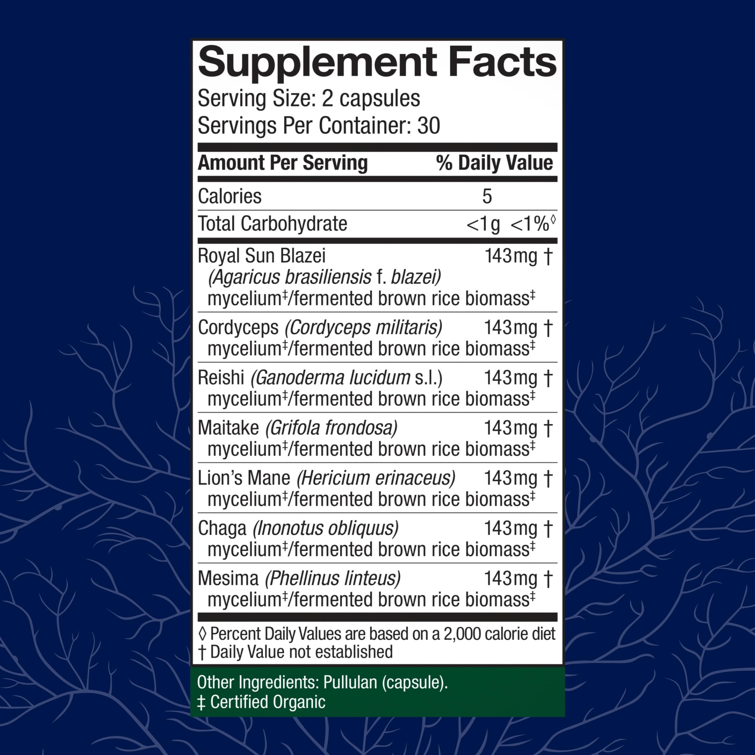 Host Defense Stamets 7 label graphic highlights seven-mushroom formula.