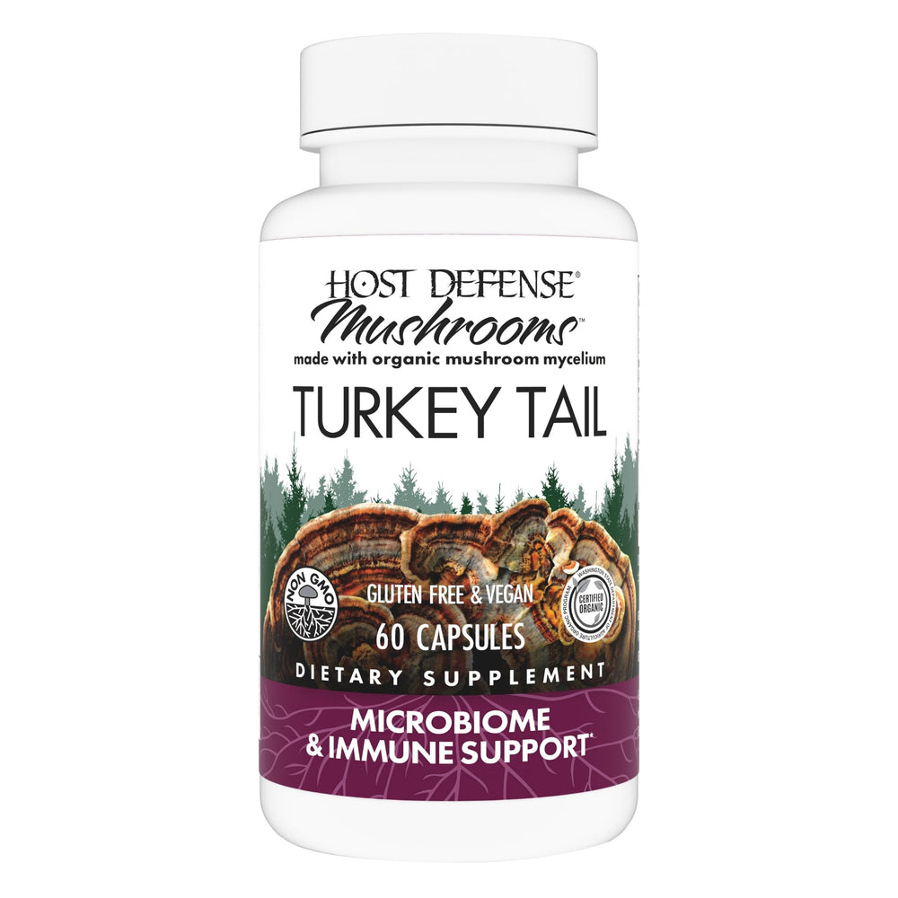 Host Defense Turkey Tail capsules bottle—supports gut health and immune balance.