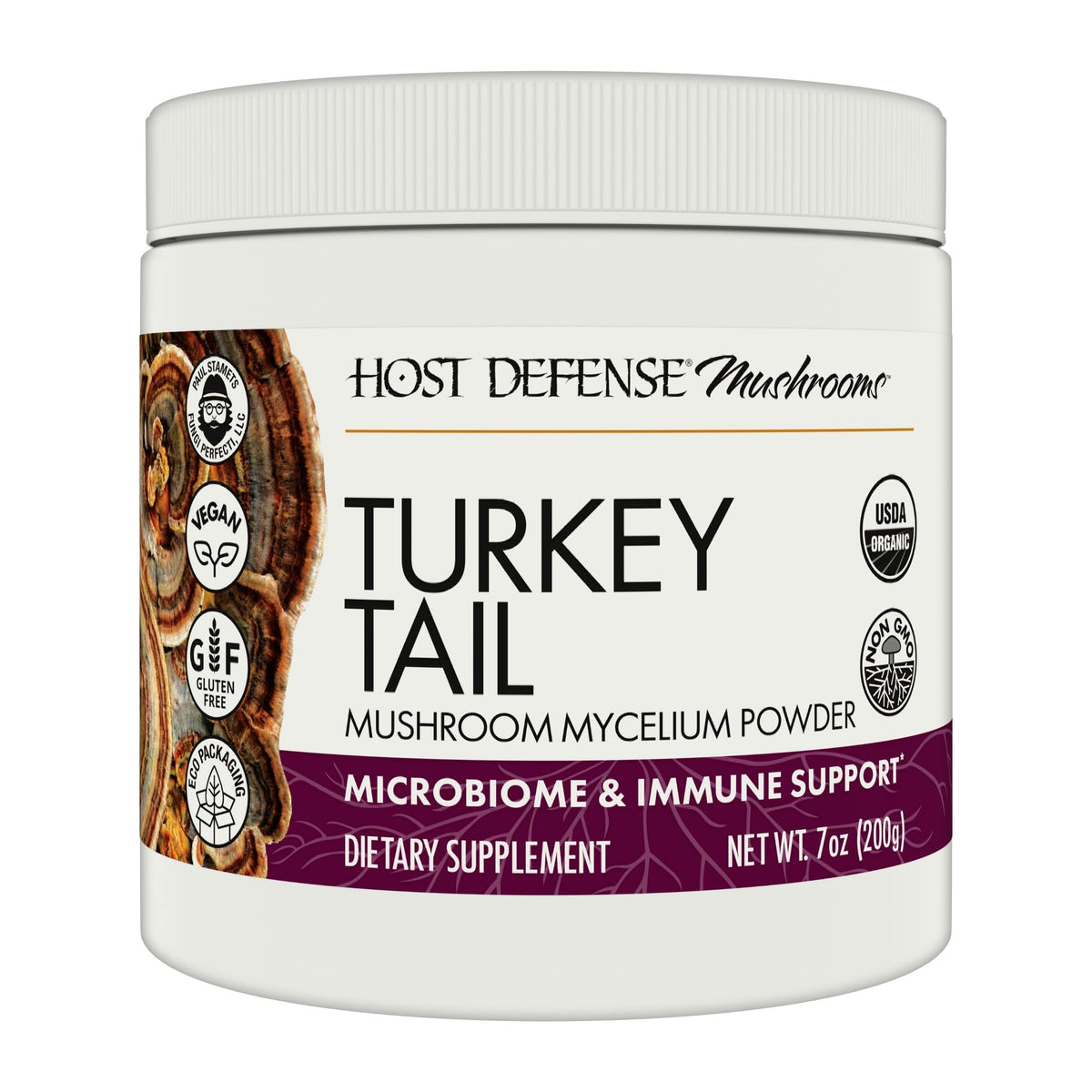 Host Defense Turkey Tail powder bottle on kitchen counter supporting digestive health