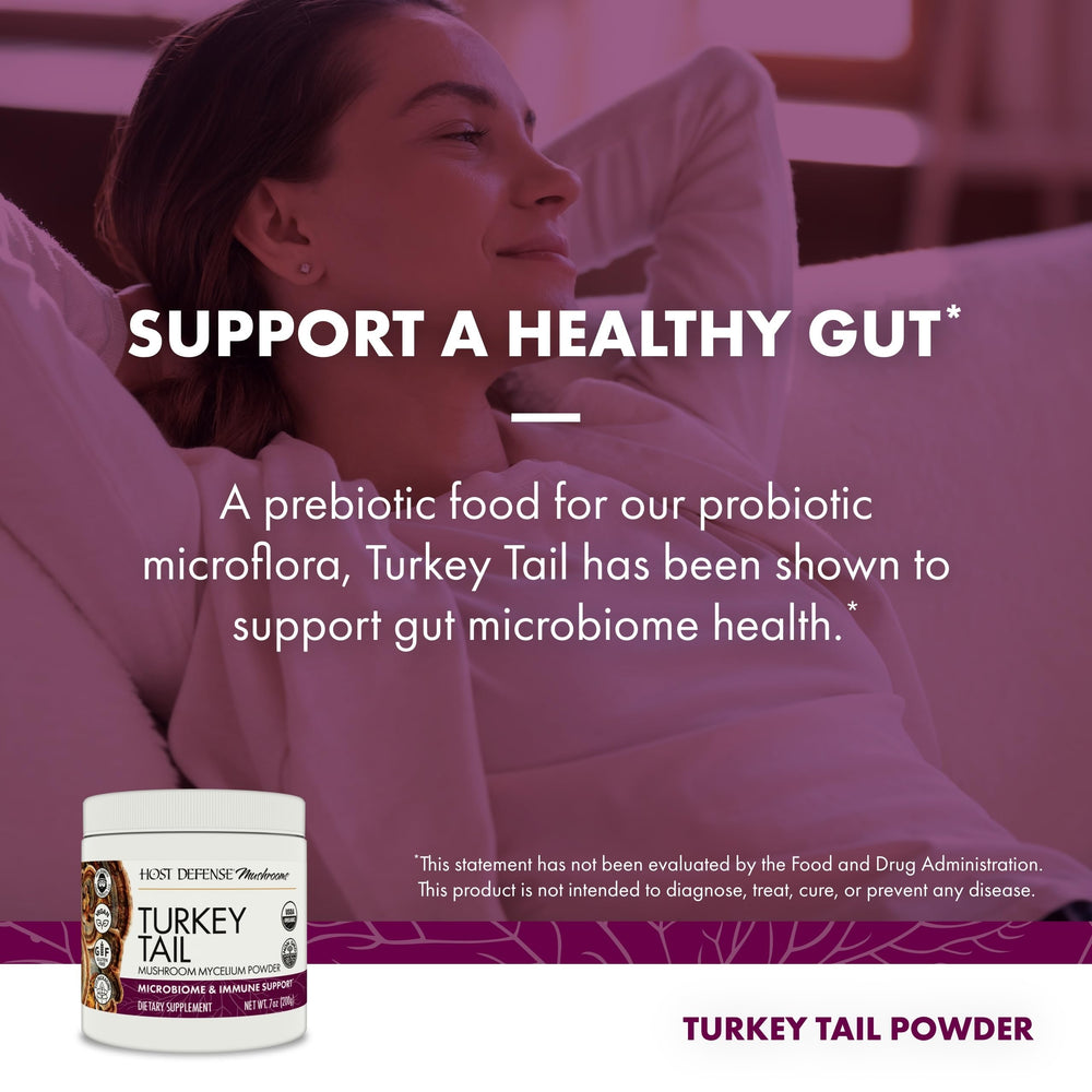 Host Defense Turkey Tail powder label shows gluten-free and non-GMO formulation