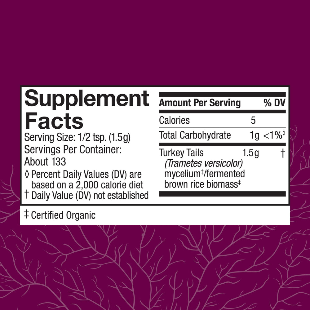 Host Defense Turkey Tail powder scoop with prebiotics for gut microbiome support