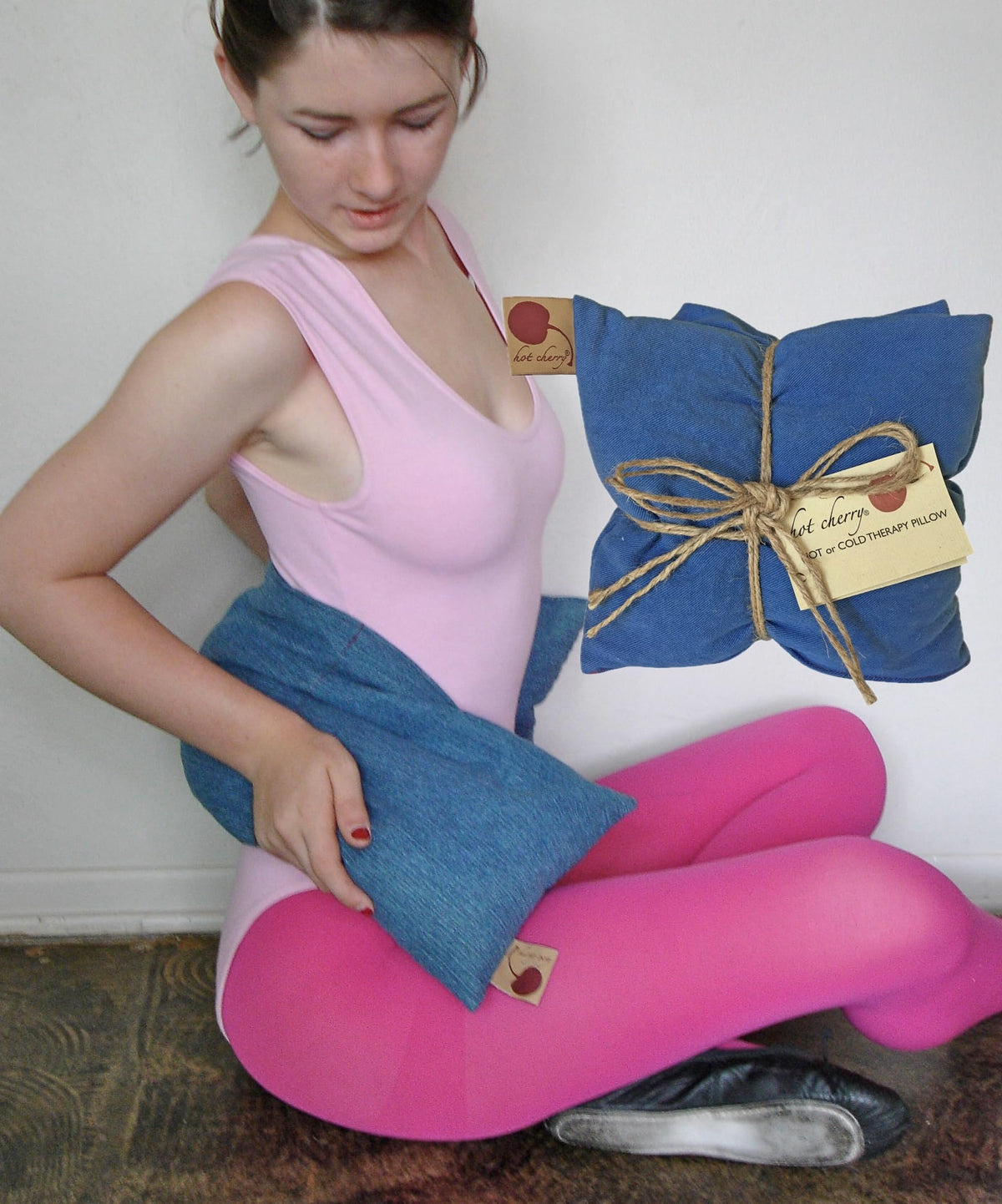 Hot Cherry Triple Square blue denim pillow front view for warm moist heat therapy