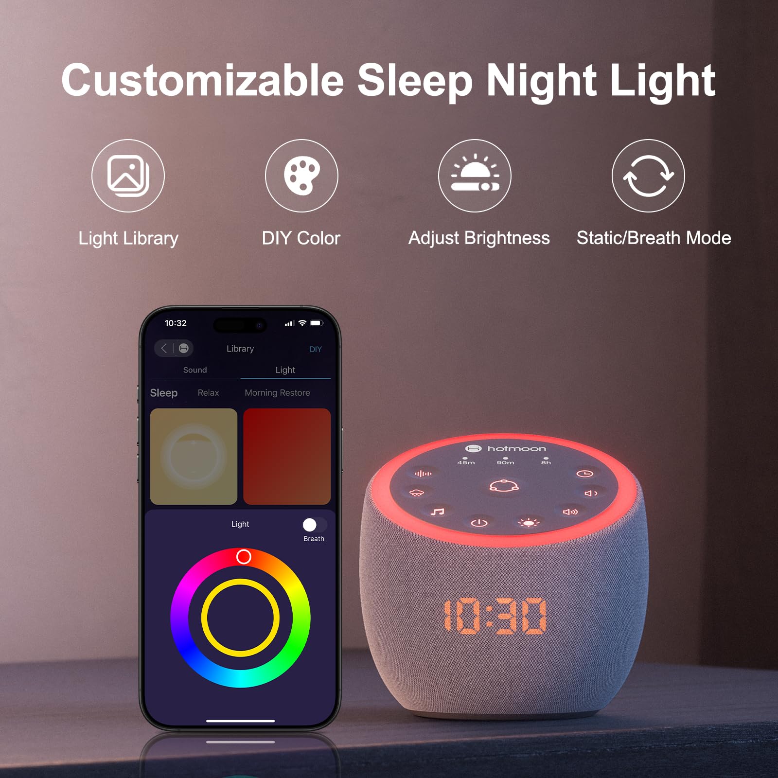 Hotmoon clock brightness control keeps night lighting comfortable.