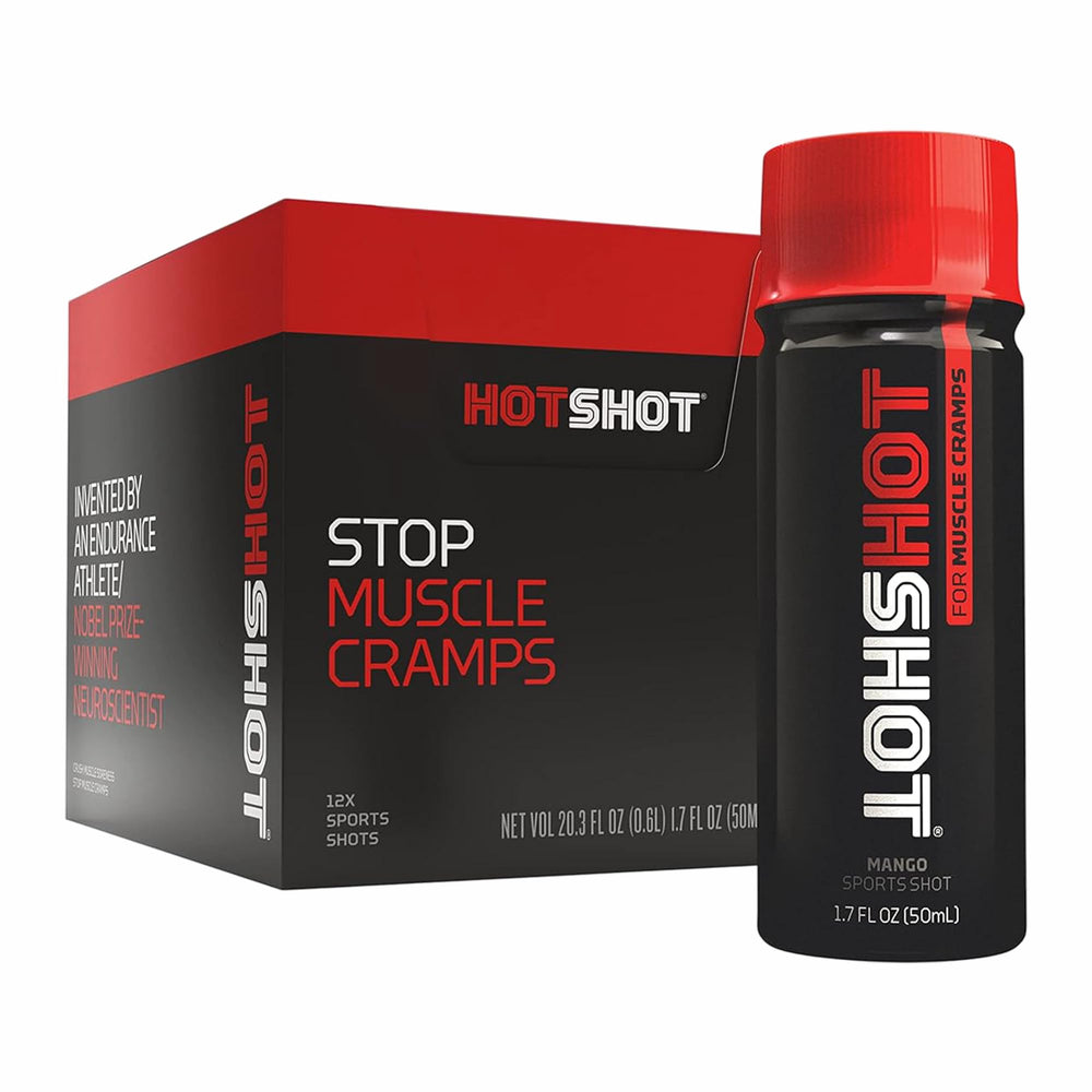 HOTSHOT spicy mango shot front view—compact relief for on-the-go athletes.