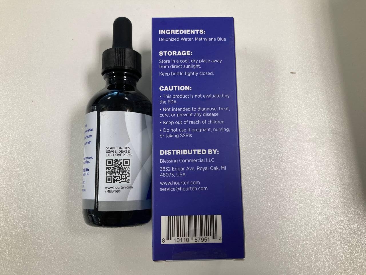 Hourten Methylene Blue Drops formaldehyde-free label underscores safety.