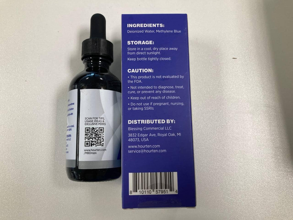 Hourten Methylene Blue Drops formaldehyde-free label underscores safety.