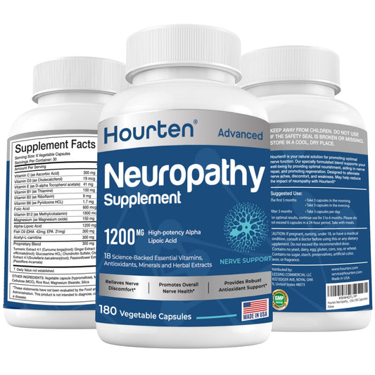 Hourten Neuropathy Sciatica bottle promoting daily nerve support and convenient dosing.