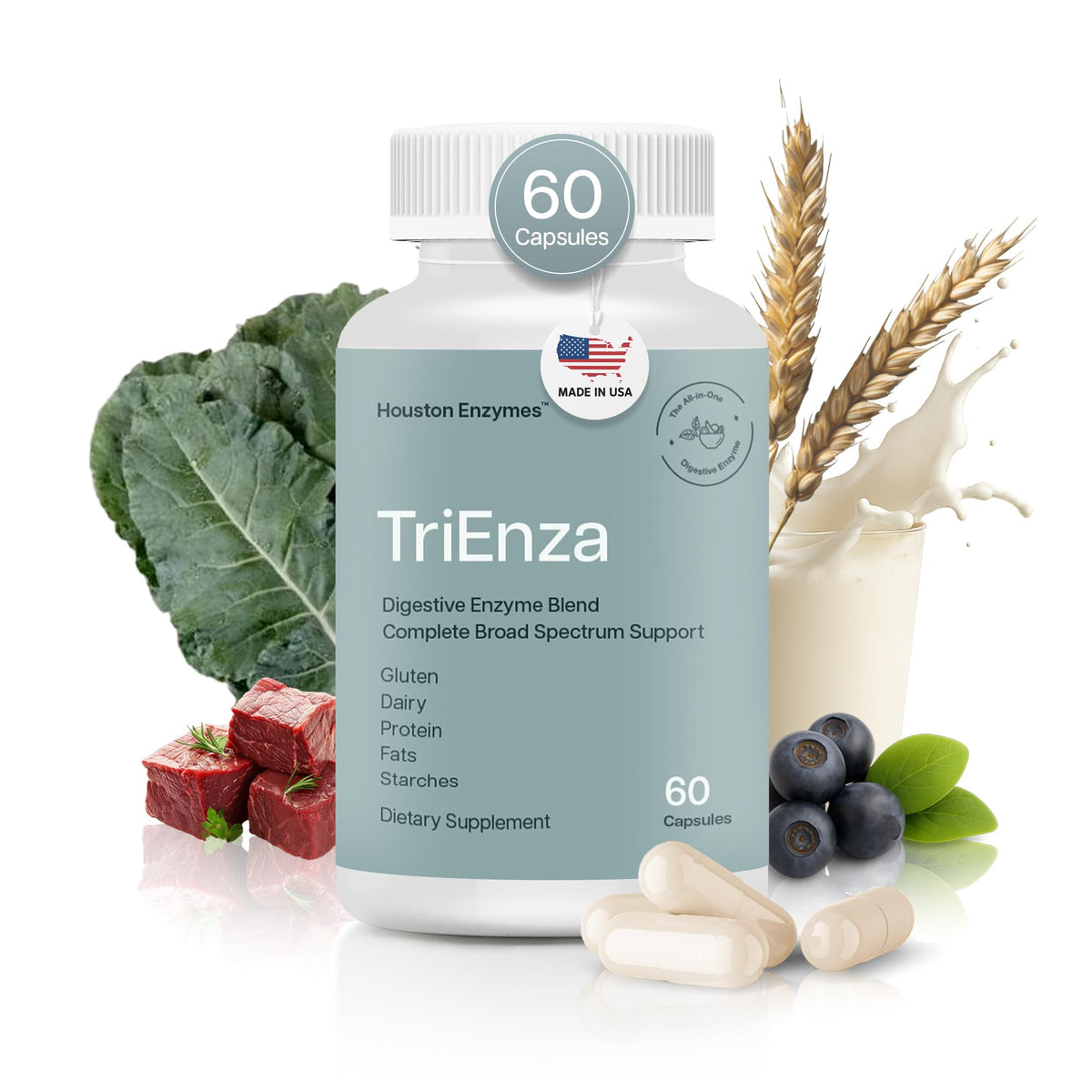 Houston Enzymes TriEnza bottle for post-meal support with diverse foods.