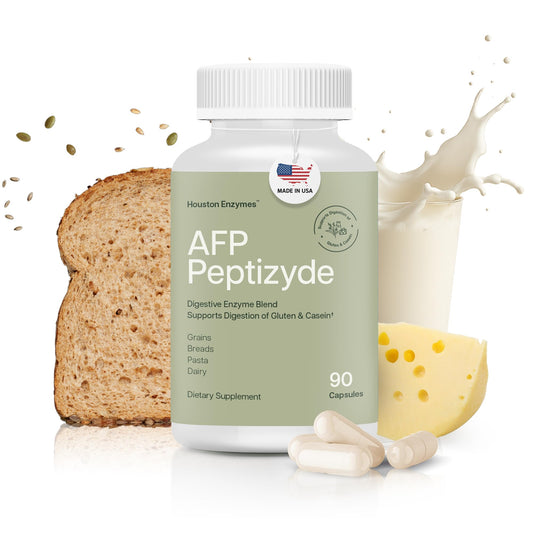 Houston Enzymes AFP Peptizyde bottle front shows protein digestion focus.