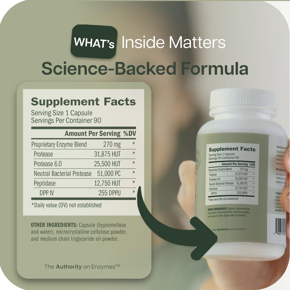 Houston Enzymes AFP Peptizyde capsules shown with meals for blending.