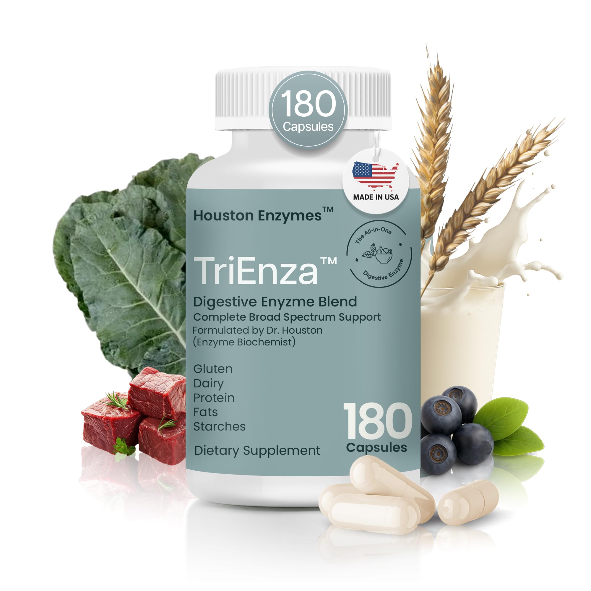 Houston Enzymes TriEnza bottle front view for post-meal digestion support