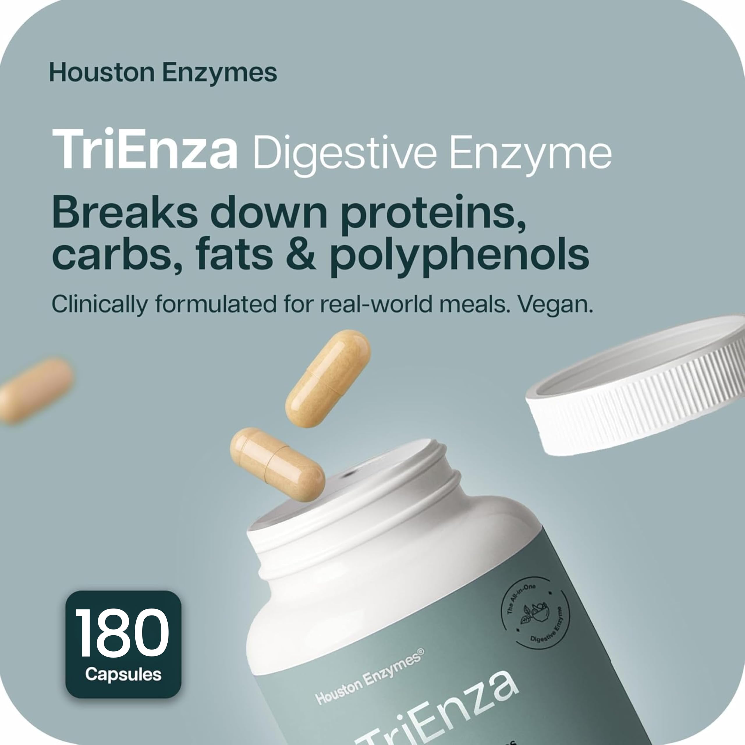 Houston Enzymes TriEnza capsules close-up highlighting protein and fat digestion support