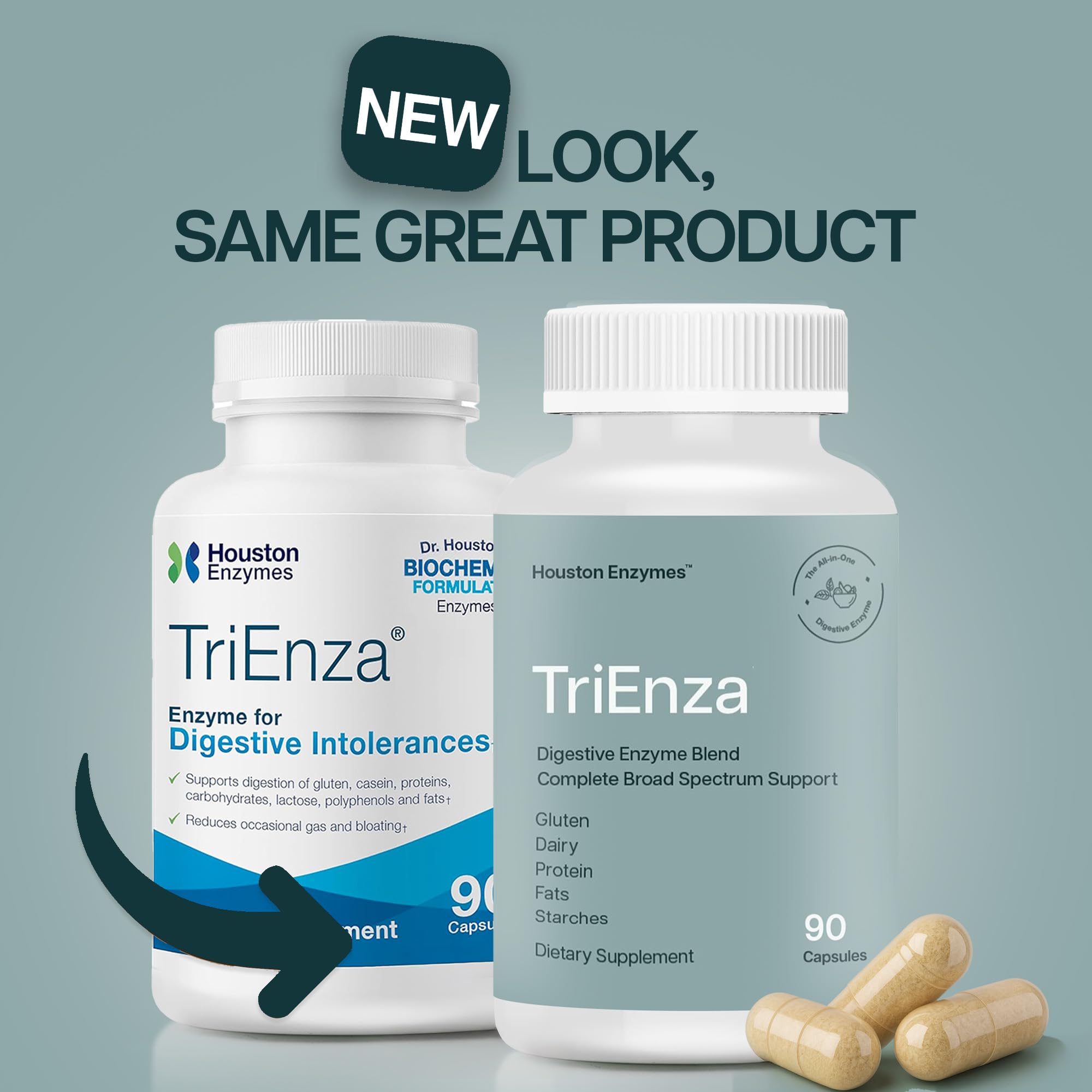 Houston Enzymes TriEnza tablet size close-up suggests easy swallowing