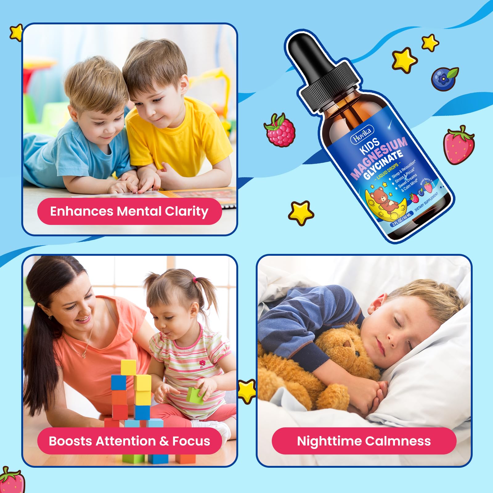 Hovika daily-use bottle with label conveys a kid-friendly supplement routine.