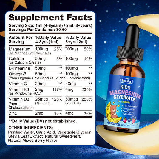 Hovika kids magnesium liquid drops dosing image highlighting simple daily use.