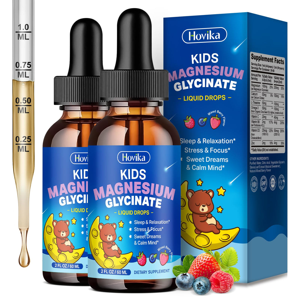 Hovika 2-pack kids magnesium liquid bottle pour showing easy bedtime dosing for calm routines.