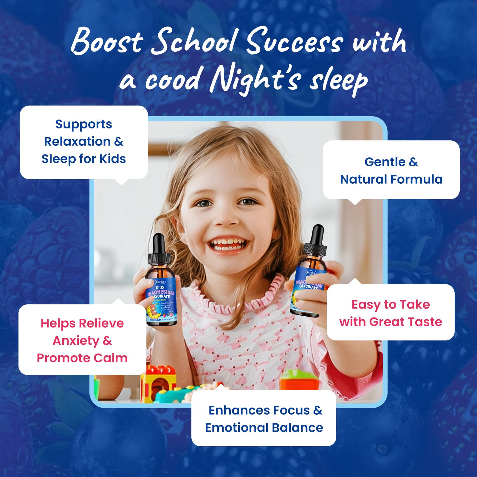 Hovika mixed berry flavor drops for kids suggesting tasty, easy supplementation after school.