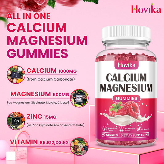 Hovika gummies 2-1 ratio graphic illustrating balanced calcium and magnesium absorption.