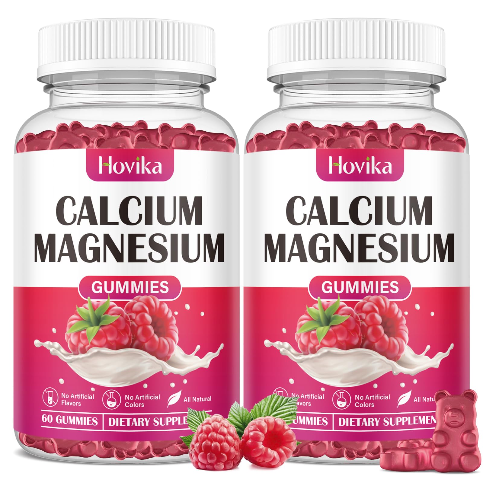 Hovika Calcium Magnesium Zinc Gummies raspberry bottle supports bone health and muscle function.