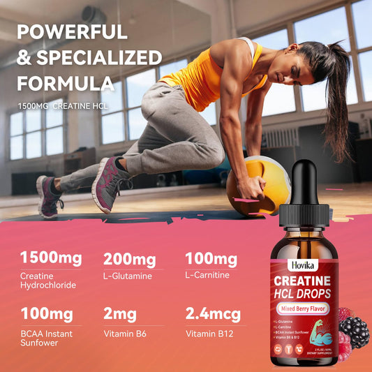Hovika Creatine HCL drops being poured for fast absorption.