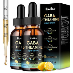 Hovika GABA L-Theanine drops bottle close-up highlighting lemon flavor for daily calm and focus