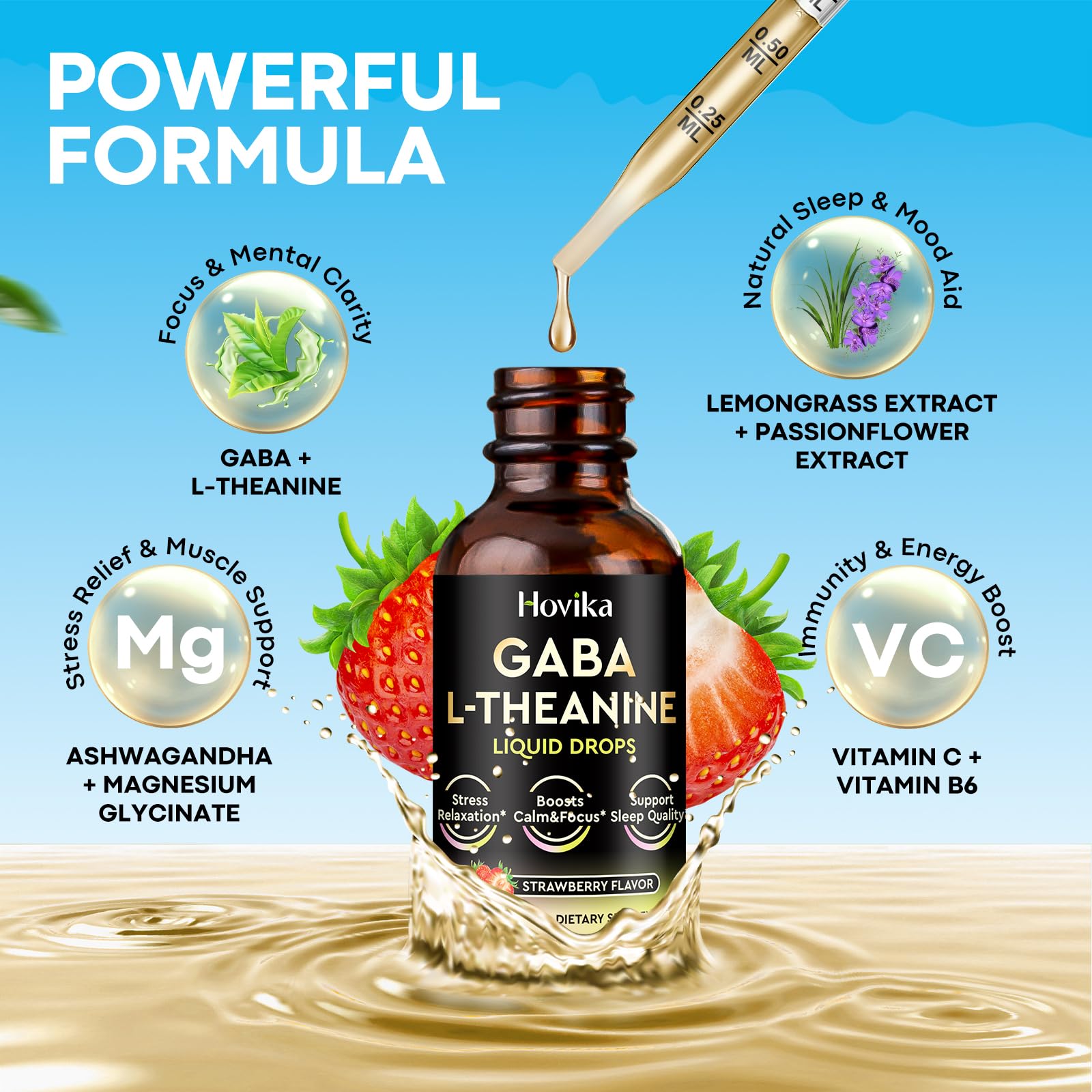 GABA L-Theanine drops closeup; blends for mental clarity and balanced mood.