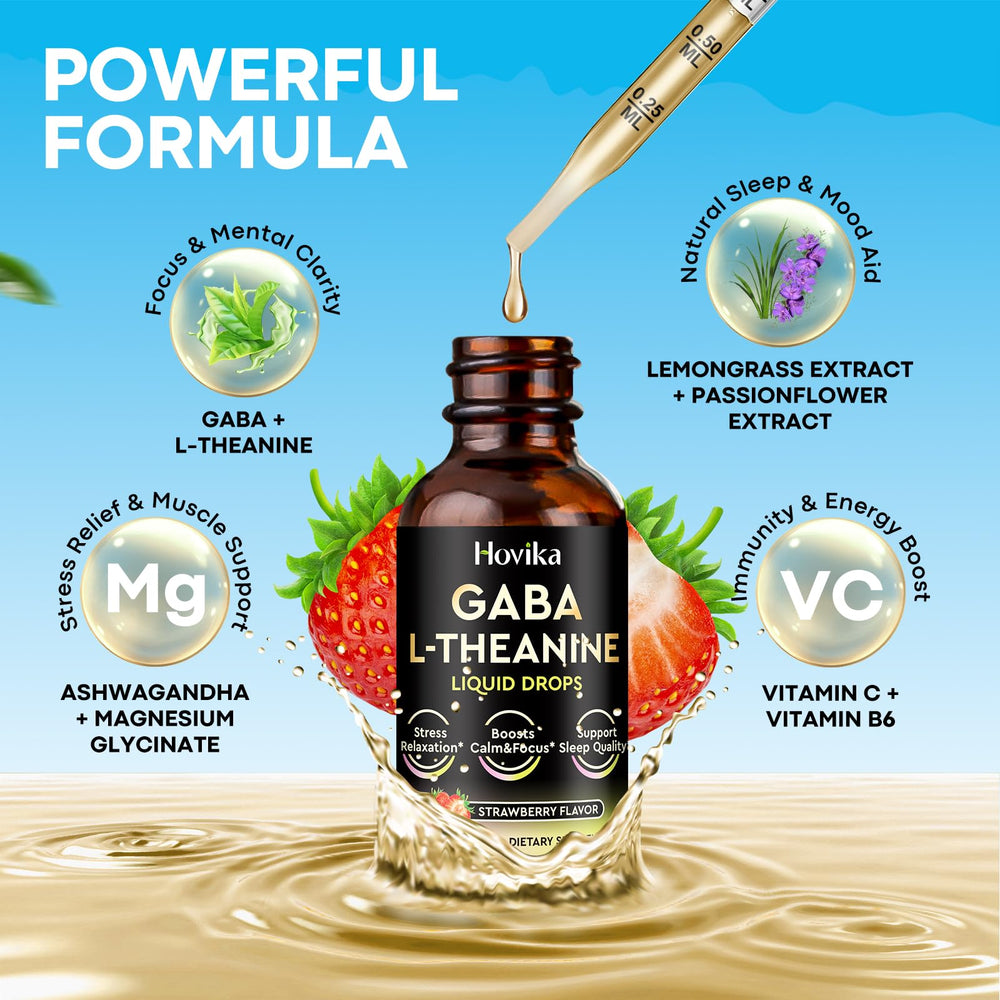 GABA L-Theanine drops closeup; blends for mental clarity and balanced mood.
