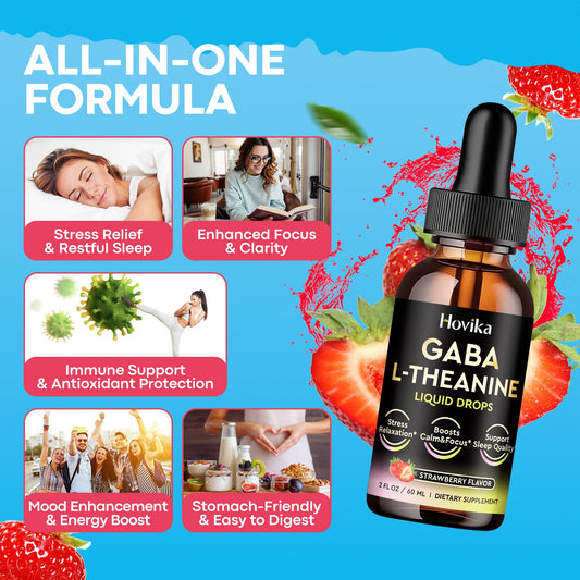 Hovika GABA L-Theanine drops pour; easy to mix with water for calm evenings.
