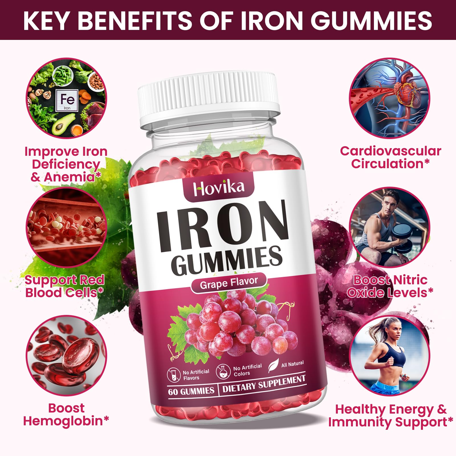 Hovika Iron Gummies beet-root ingredient emphasizes natural plant-based iron boosters.