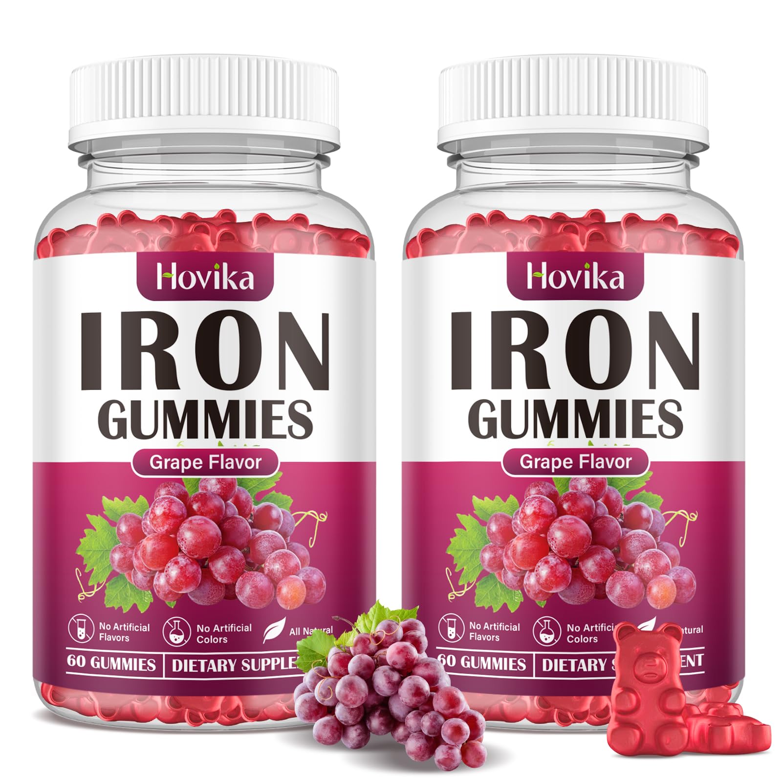 Hovika Iron Gummies bottle pour shows vegan iron with grape flavor for daily support.