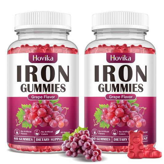Hovika Iron Gummies bottle pour shows vegan iron with grape flavor for daily support.