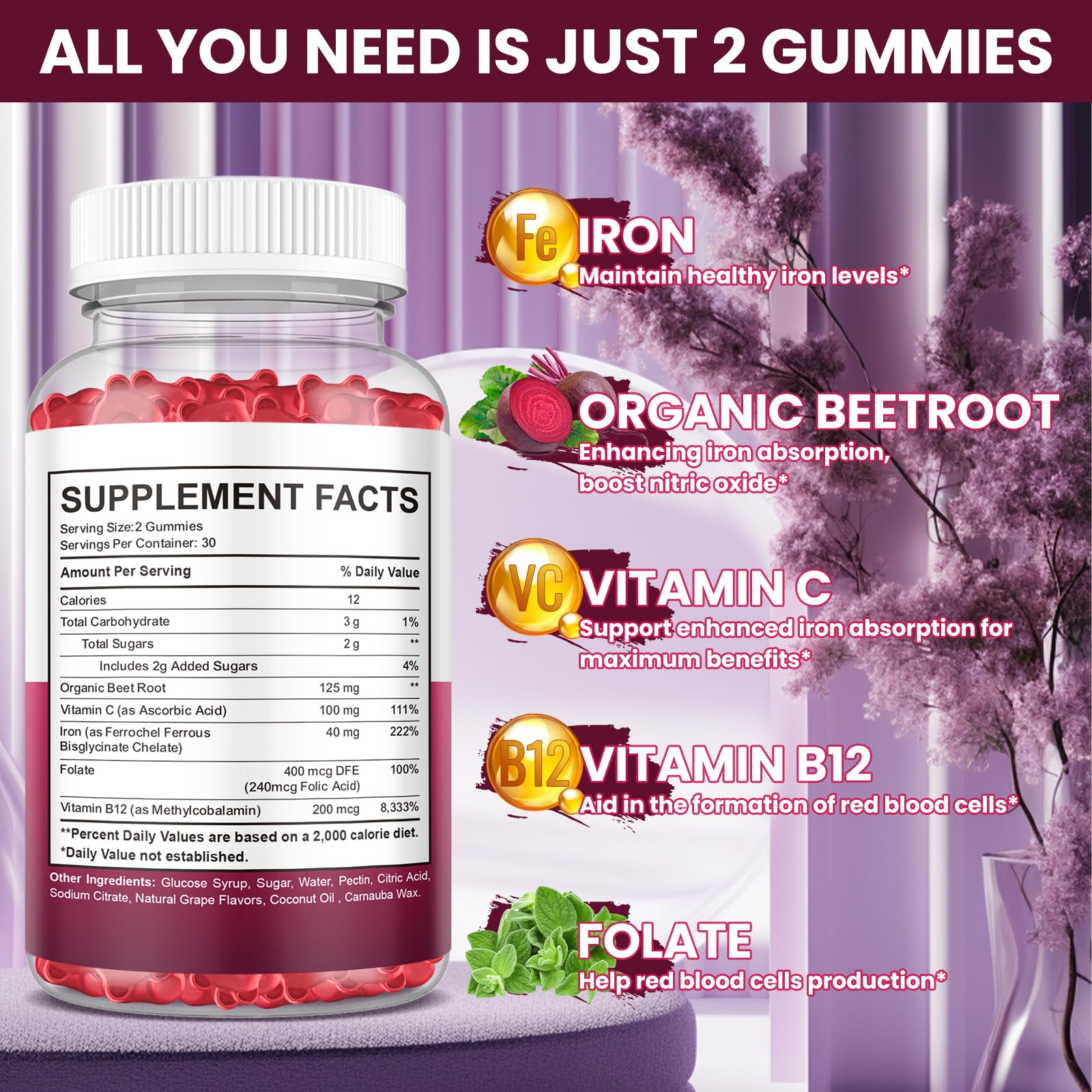 Hovika Iron Gummies grape-flavor close-up highlights tasty, easy-to-chew iron intake.