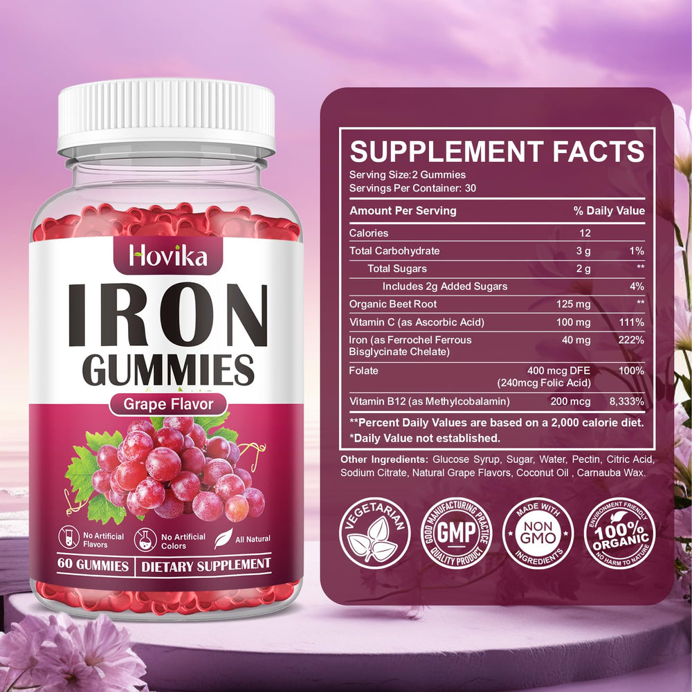 Hovika Iron Gummies vegan non-GMO seal reinforces clean nutrition.