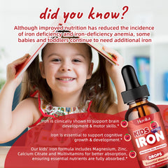 Hovika iron liquid kids in drink highlights easy mixing with beverages for energy support.