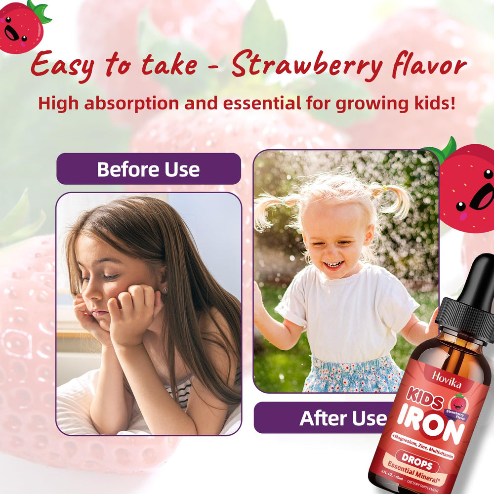 Hovika iron liquid kids label closeup showcases essential vitamins for immunity and growth.