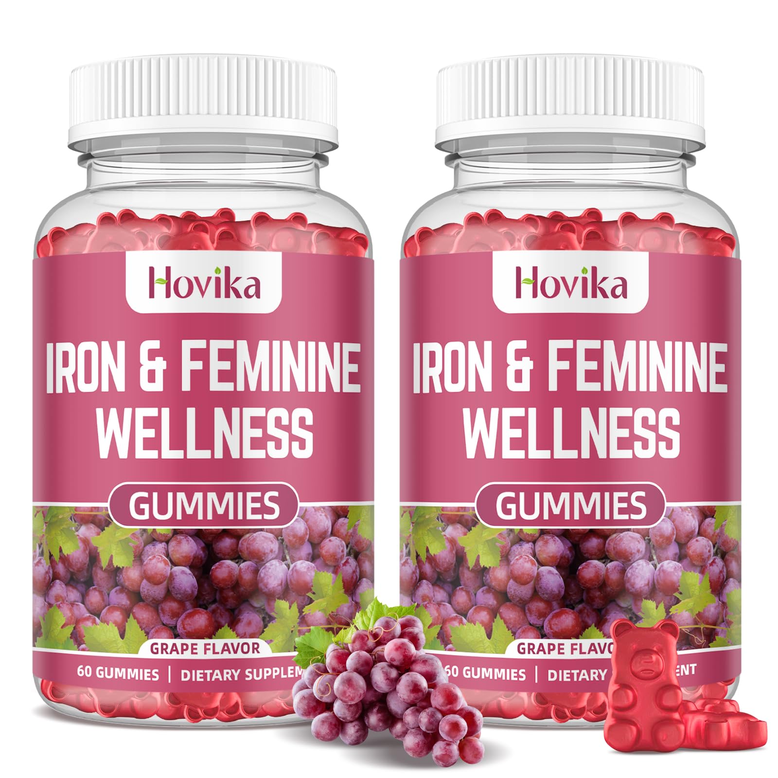 Hovika Iron for Women Gummies bottle front with 40mg iron and grape flavor.