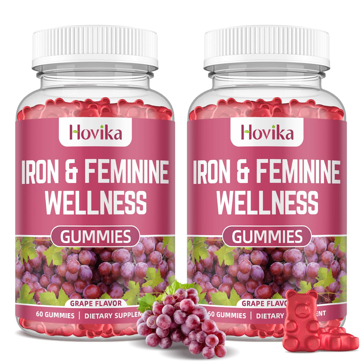 Hovika Iron for Women Gummies bottle front with 40mg iron and grape flavor.