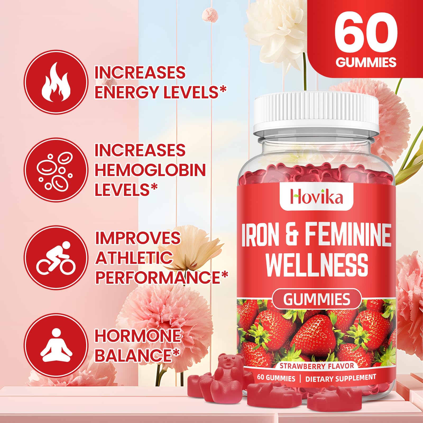 Hovika Iron for Women Gummies 40mg bottle label communicates potency and absorption support